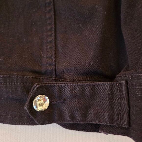 Women's Zebra Print Trim Crystal Button Front Denim Cotton Jacket Black Large - Picture 6 of 11